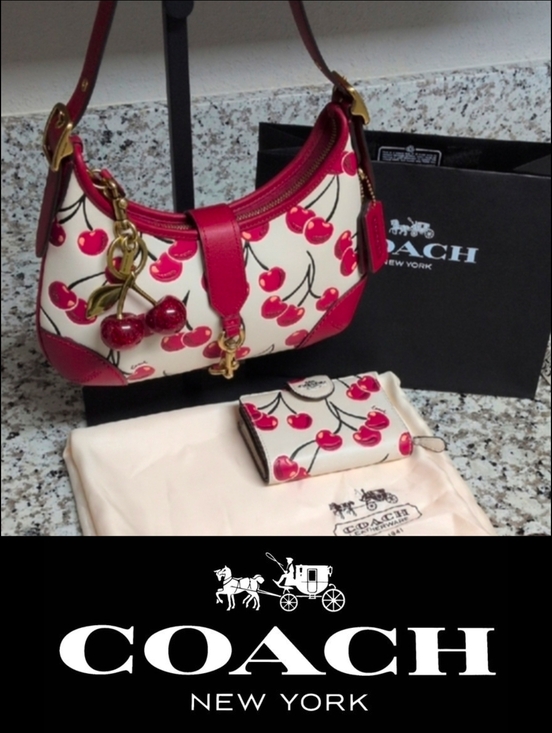 Coach Handbags - Coach Cherry Hamptons Hobo Leather Shoulder Bag And Wallet Matching Set